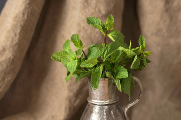 Sprigs of mint in a silver pitcher.