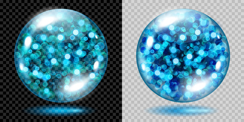 Two transparent spheres filled with light blue glowing sparkles with bokeh effect. For use on dark and light background. Transparency only in vector file