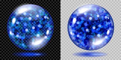 Two transparent spheres filled with blue glowing sparkles with bokeh effect. Spheres with blue sparkles, glares and shadows. For use on dark and light background. Transparency only in vector file