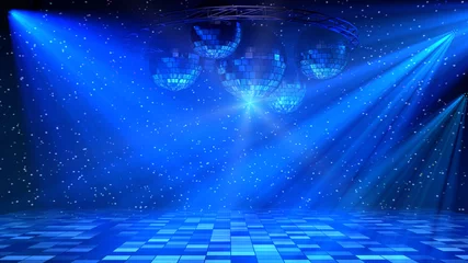 Fotobehang Blue disco dance floor with mirror balls, lattice circle and spot lights. 3d render. © Veronika