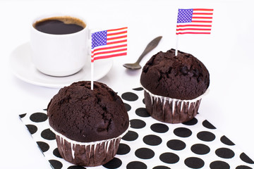 Chocolate Muffin, Black Coffee and American Flag on White