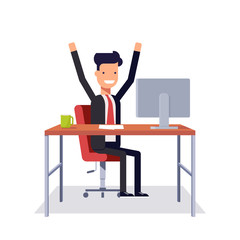 Successful businessman sitting in a chair at a desk. Man rejoices results in a business suit. Man smiling with arms raised. Vector illustration in a flat style