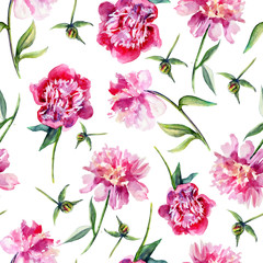 Pink peony flower hand drawn colorful illustration isolated on white, Seamless pattern, floral texture, decorative background ornament for cosmetic, design package, textile, wallpaper, wedding invite