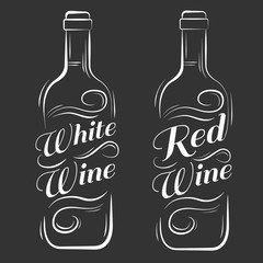 Fototapeta na wymiar Wine bottle. white, red wine. Advertising design for pub on black background.