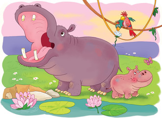At the zoo. African animals. Cute mother hippo and her baby. Illustration for children. Coloring book. Coloring pages. Cartoon characters.