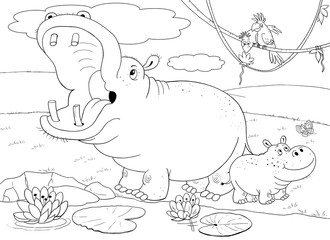 At the zoo. African animals. Cute mother hippo and her baby. Illustration for children. Coloring book. Coloring pages. Cartoon characters.