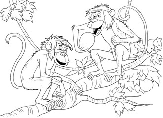 Fototapeta na wymiar At the zoo. African animals. Cute monkeys sitting on the branch, eating tropical fruits. Illustration for children. Coloring book. Coloring page. Cartoon characters.