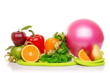 fitness equipment and healthy food isolated on white