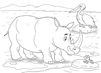 At the zoo. Funny African animals. Cute rhinoceros, pelican and little frog. Illustration for children. Coloring book. Coloring pages. Cartoon characters.