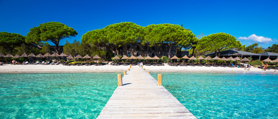 Bridge in the lagoon of the Santa Giuliana beach, Corsica, France, Europe.