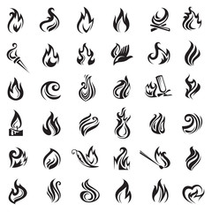 monochrome collection of different fire and flames icons