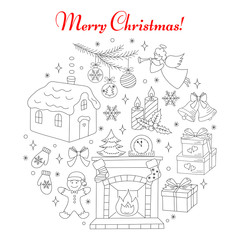Fototapeta na wymiar Christmas and New Year holiday line icons set, vector illustrations hand drawn. Christmas fireplace, fir tree branch, village house, angel, bells, candles, gingerbread and gift box isolated.