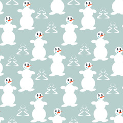Funny dancing snowmen, Seamless winter background with silhouettes of snowmen and trees