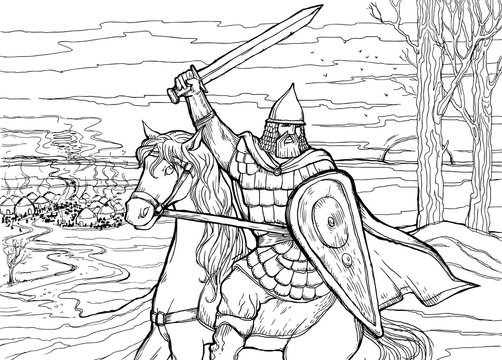 Slavic warrior on horseback preparing to attack the enemy camp