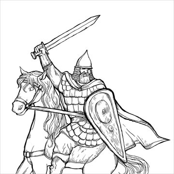 warrior with a sword in armor and helmet on horse