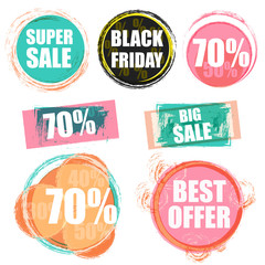 set of patterns for design shares, discounts, sales and special offers for the stores, shops, market (Black Friday for example) and other businesses in grunge style and colorful. Big, super sale %.