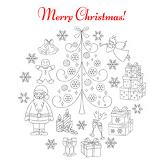 Fototapeta na wymiar Christmas and New Year holiday line icons set, vector illustrations hand drawn. Christmas tree, Santa Claus, angel, snowflakes, gingerbread man, bells, gift boxes and champagne glasses isolated.