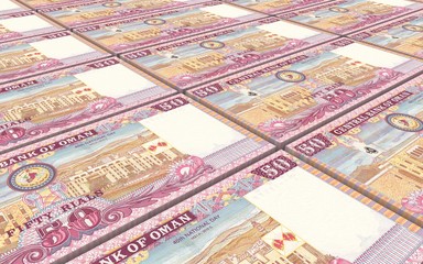 Omani rials bills stacked background. 3D illustration.