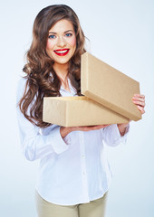 Young woman isolated portrait with open box