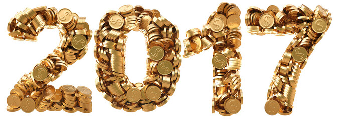 new 2017 year from the golden coins. isolated on white. 3D illustration.