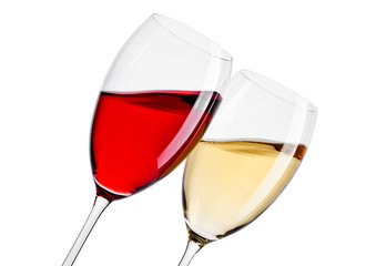 Glass of red and white wine in motion on white