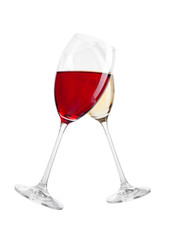 Glass of red and white wine in motion on white