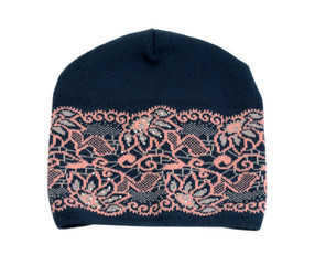 Dark knitted hat with a pink pattern.