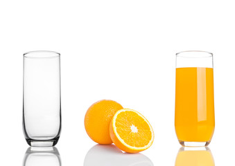 Glass of healthy organic orange juice on white