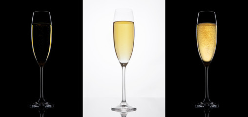 Champagne glasses on black and white backgrounds