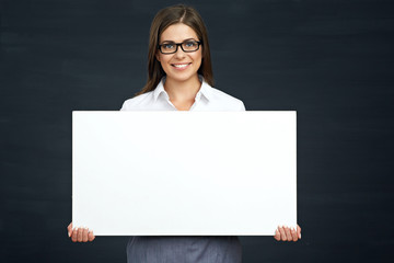smiling business woman holding advertising board.