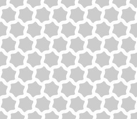 Seamless background of curved hexagons. Looks like puzzle od stars. Simple abstract pattern vector background in grey with thick white outline.