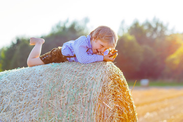 little kid boy lying on hay stack  and smiling © Irina Schmidt