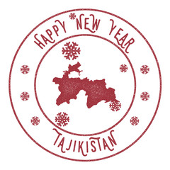 Retro Happy New Year Tajikistan Stamp. Stylised rubber stamp with county map and Happy New Year text, vector illustration.