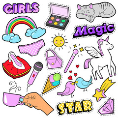 Fashion Girls Badges, Patches, Stickers - Rainbow, Cat, Hand and Birds in Pop Art Comic Style