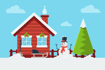 Winter Rural Landscape with Wooden Cottage, Snowman, Pine Tree and Sledge. Flat Design Style.