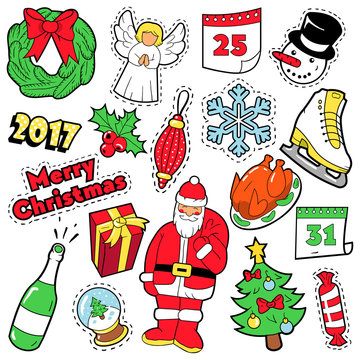 Merry Christmas Badges, Patches, Stickers - Santa Claus Christmas Tree Gifts and Angel in Pop Art Comic Style. Vector illustration