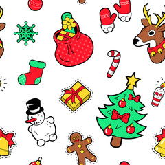 Merry Christmas and Happy New Year Seamless Pattern with Christmas Tree Gifts and Candies. Winter Holidays Wrapping Paper. Vector background