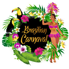 Brazilian samba dancer. A beautiful carnival girl wearing a festival costume is dancing. 