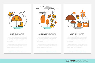 Thin Line Autumn Business Brochures with Fall Wear Rainy Weather and Nature Gifts. Vector illustration