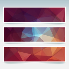 Obraz premium Vector banners set with polygonal abstract brown, blue, orange triangles. Abstract polygonal low poly banners.