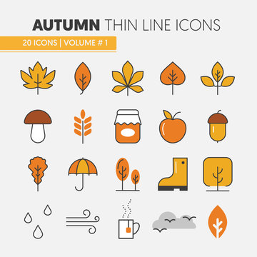 Autumn Thin Line Vector Icons with Umbrella Rainy Weather and Nature Gifts