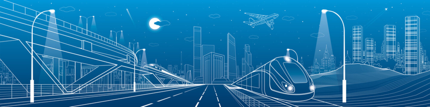 Automobile overpass, infrastructure and transportation panorama, airplane fly, train move on the bridge, business center, night city, towers and skyscrapers, urban scene, vector design art