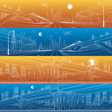 Architectural and infrastructure panorama set, transport overpass, highway, train move on the bridge, white lines urban scene, day and night city on background, vector design art
