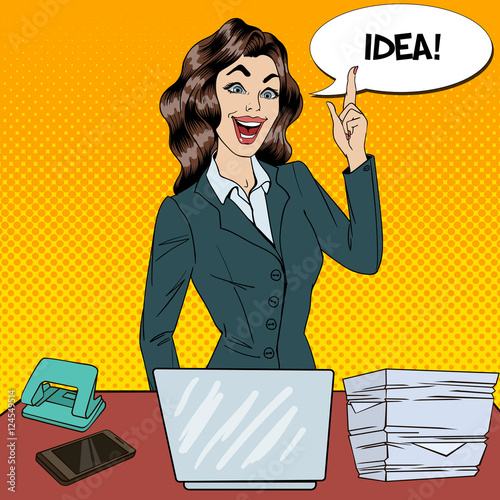 Pop Art Busy Business Woman Had An Idea At Multi Tasking Office Work Vector Illustration Pop Art Busy Business Woman Had An Idea At Multi Tasking Office Work Vector Illustration