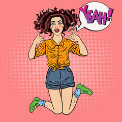 Pop Art Young Excited Woman Jumping and Gesturing Great Thumbs Up with Comic Speech Bubble Yeah. Vector illustration