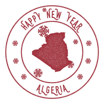 Retro Happy New Year Algeria Stamp. Stylised rubber stamp with county map and Happy New Year text, vector illustration.