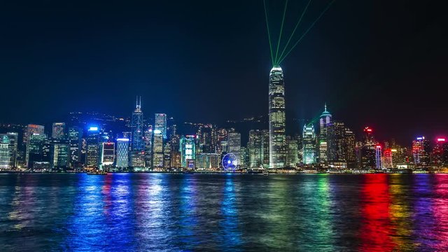 Beautiful laser night show scenery of Hong Kong Victoria Harbor. 4K TimeLapse - August 2016, Hong Kong