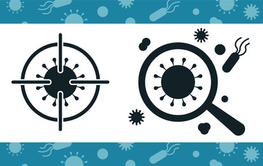 Vector illustration of virus, bacterium or microbe with target and loupe. Icon of microorganism. Microbiology or medicine research.