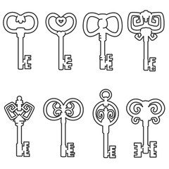 Keys set. Vintage keys thin line design. The keys of different shapes, linear symbols collection