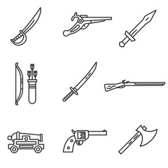 ancient weapons icons set. old firearms and edged weapons linear symbols collection.